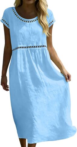 Boho Dresses for Women Summer Casual Pleated Crewneck Eyelet Trendy Short Sleeves Midi Beach Vacation Sundresses in Saudi Arabia