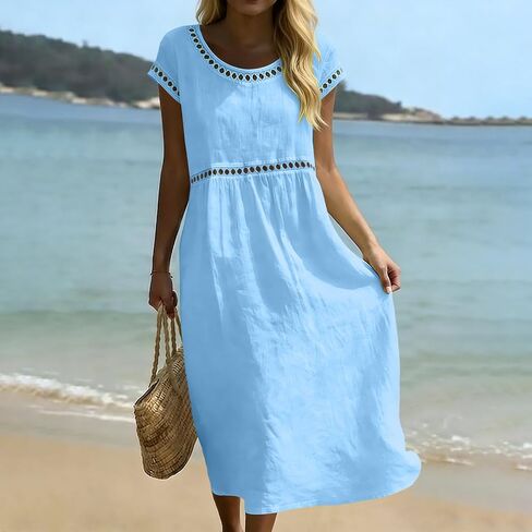 Boho Dresses for Women Summer Casual Pleated Crewneck Eyelet Trendy Short Sleeves Midi Beach Vacation Sundresses in Saudi Arabia