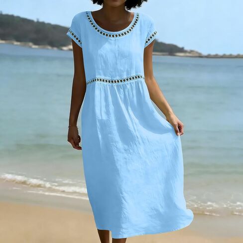 Boho Dresses for Women Summer Casual Pleated Crewneck Eyelet Trendy Short Sleeves Midi Beach Vacation Sundresses in Saudi Arabia