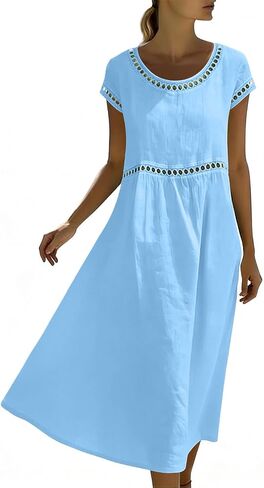 Boho Dresses for Women Summer Casual Pleated Crewneck Eyelet Trendy Short Sleeves Midi Beach Vacation Sundresses in Saudi Arabia