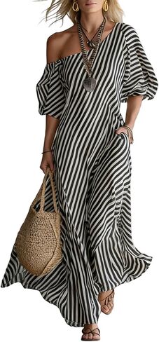 Womens Summer Dresses Casual Striped Off Shoulder Half Sleeve Sundresses Beach Vacation Flowy Maxi Dress in Saudi Arabia