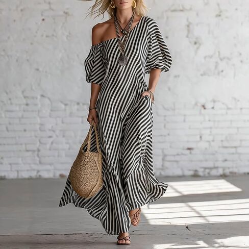Womens Summer Dresses Casual Striped Off Shoulder Half Sleeve Sundresses Beach Vacation Flowy Maxi Dress in Saudi Arabia