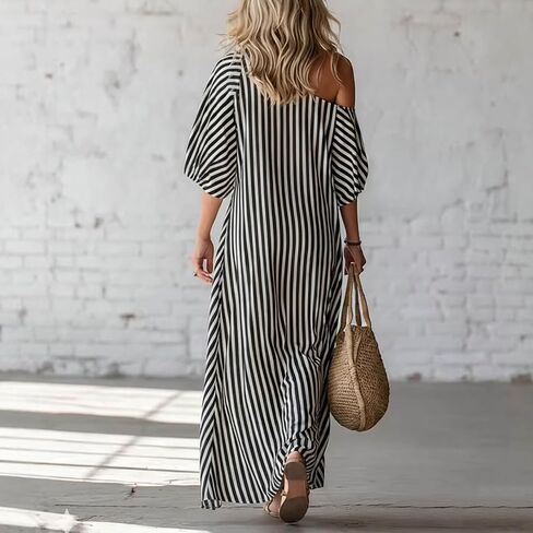 Womens Summer Dresses Casual Striped Off Shoulder Half Sleeve Sundresses Beach Vacation Flowy Maxi Dress in Saudi Arabia
