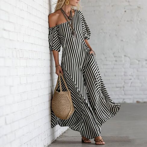 Womens Summer Dresses Casual Striped Off Shoulder Half Sleeve Sundresses Beach Vacation Flowy Maxi Dress in Saudi Arabia