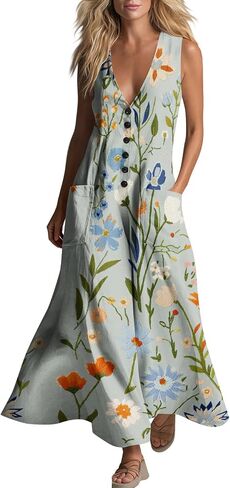 Maxi Sundresses for Women Summer Printed Button V-Neck Sleeveless Casual Flowy Beach Cover Up Dresses with Pockets in Saudi Arabia