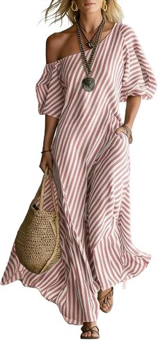 Womens Summer Dresses Casual Striped Off Shoulder Half Sleeve Sundresses Beach Vacation Flowy Maxi Dress in Saudi Arabia