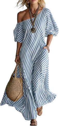 Womens Summer Dresses Casual Striped Off Shoulder Half Sleeve Sundresses Beach Vacation Flowy Maxi Dress in Saudi Arabia