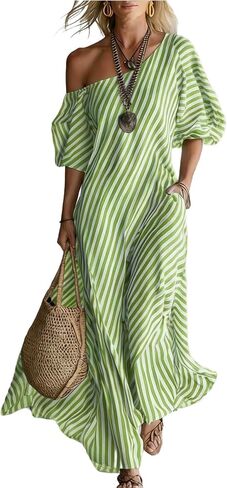 Womens Summer Dresses Casual Striped Off Shoulder Half Sleeve Sundresses Beach Vacation Flowy Maxi Dress in Saudi Arabia