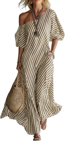 Womens Summer Dresses Casual Striped Off Shoulder Half Sleeve Sundresses Beach Vacation Flowy Maxi Dress in Saudi Arabia