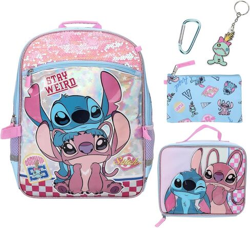 BIOWORLD Girls Stitch and Angel Holographic 16" Backpack Lunch Set Set Lunch Bag, Keychain, Utility Case (Little Kid/Big Kid) Pink One Size in Kuwait