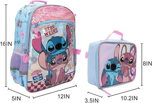 BIOWORLD Girls Stitch and Angel Holographic 16" Backpack Lunch Set Set Lunch Bag, Keychain, Utility Case (Little Kid/Big Kid) Pink One Size in Kuwait