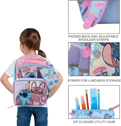 BIOWORLD Girls Stitch and Angel Holographic 16" Backpack Lunch Set Set Lunch Bag, Keychain, Utility Case (Little Kid/Big Kid) Pink One Size in Kuwait