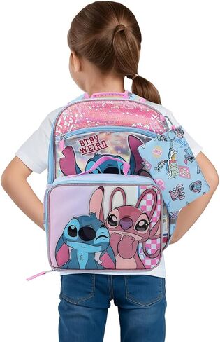BIOWORLD Girls Stitch and Angel Holographic 16" Backpack Lunch Set Set Lunch Bag, Keychain, Utility Case (Little Kid/Big Kid) Pink One Size in Kuwait
