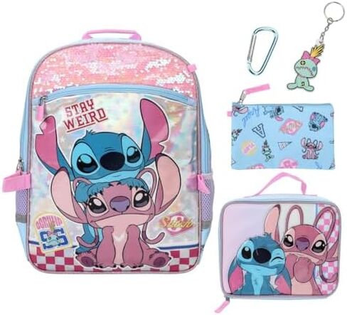 BIOWORLD Girls Stitch and Angel Holographic 16" Backpack Lunch Set Set Lunch Bag, Keychain, Utility Case (Little Kid/Big Kid) Pink One Size in Kuwait