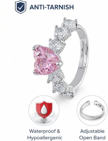 Adjustable Pink Heart Birthstone Ring, Anti-Tarnish Stainless Steel Open Band Ring for Women, Hypoallergenic Waterproof Statement Jewelry Gift for Birthday, Anniversary & Special Occasions in Kuwait