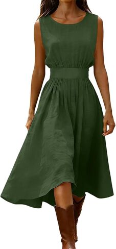 Formal Dresses for Women Crew Neck Pleated Tank Slim Dress Flowy Boho A Line Wedding Guest Party Sundress in Saudi Arabia