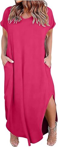 Womens Plus Size Dresses Casual Short Sleeve Crewneck Maxi Dresses Summer Loose Side Slit Long Sundress with Pockets in Saudi Arabia