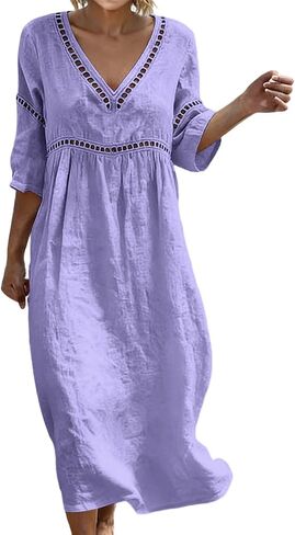 Cotton Dresses for Women Casual V-Neck Half Sleeve Eyelet Maxi Dress Boho Summer Flowy Beach Vacation Sundress in Saudi Arabia
