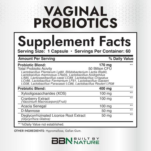 Built by Nature Vaginal Probiotics for Women – pH Balance & Feminine Health with Prebiotics, Lactobacillus & Cranberry Extract – 50 Billion CFU – Support UT, Vaginal Odor & Flora – 60 Capsules in Kuwait