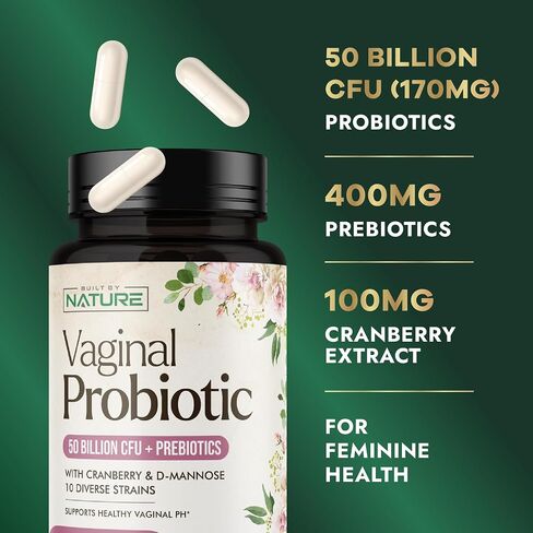 Built by Nature Vaginal Probiotics for Women – pH Balance & Feminine Health with Prebiotics, Lactobacillus & Cranberry Extract – 50 Billion CFU – Support UT, Vaginal Odor & Flora – 60 Capsules in Kuwait