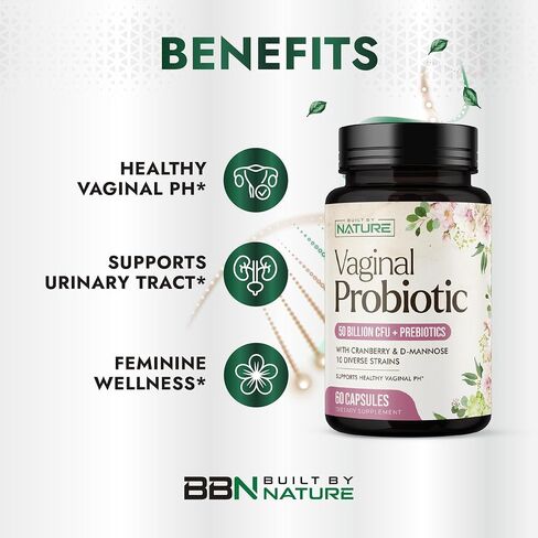 Built by Nature Vaginal Probiotics for Women – pH Balance & Feminine Health with Prebiotics, Lactobacillus & Cranberry Extract – 50 Billion CFU – Support UT, Vaginal Odor & Flora – 60 Capsules in Kuwait