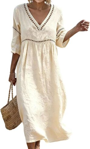 Cotton Dresses for Women Casual V-Neck Half Sleeve Eyelet Maxi Dress Boho Summer Flowy Beach Vacation Sundress in Saudi Arabia