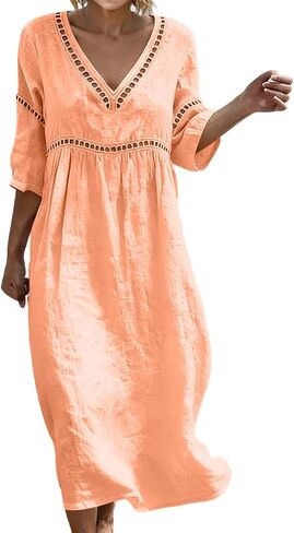 Cotton Dresses for Women Casual V-Neck Half Sleeve Eyelet Maxi Dress Boho Summer Flowy Beach Vacation Sundress in Saudi Arabia