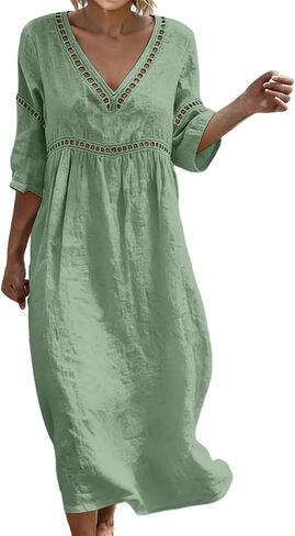 Cotton Dresses for Women Casual V-Neck Half Sleeve Eyelet Maxi Dress Boho Summer Flowy Beach Vacation Sundress in Saudi Arabia