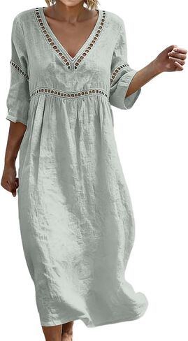 Cotton Dresses for Women Casual V-Neck Half Sleeve Eyelet Maxi Dress Boho Summer Flowy Beach Vacation Sundress in Saudi Arabia