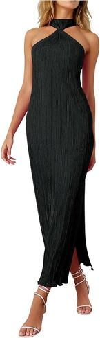 Lmdudan Women's Halter Neck Ribbed Maxi Dress Sleeveless Twist Front Side Slit Bodycon Dress Evening Party Cocktail Dresses in Kuwait