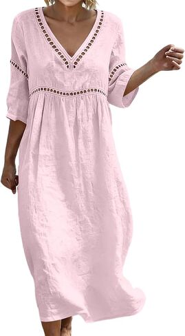 Cotton Dresses for Women Casual V-Neck Half Sleeve Eyelet Maxi Dress Boho Summer Flowy Beach Vacation Sundress in Saudi Arabia