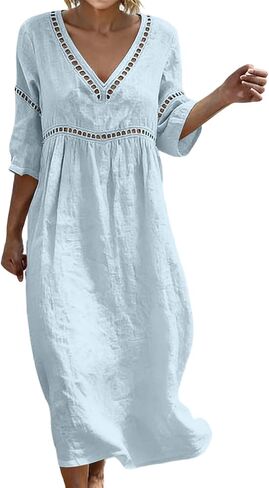 Cotton Dresses for Women Casual V-Neck Half Sleeve Eyelet Maxi Dress Boho Summer Flowy Beach Vacation Sundress in Saudi Arabia