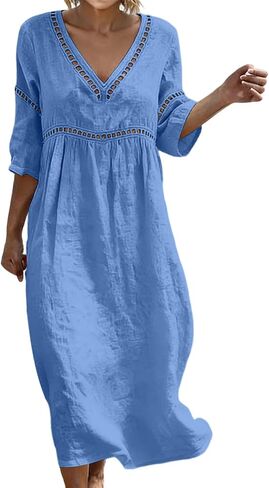 Cotton Dresses for Women Casual V-Neck Half Sleeve Eyelet Maxi Dress Boho Summer Flowy Beach Vacation Sundress in Saudi Arabia