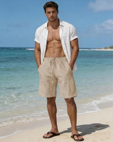 BUXKR Mens Cotton Linen Shorts Casual Elastic Waist Drawstring Summer Vacation Yoga Beach Shorts with Pockets in Saudi Arabia
