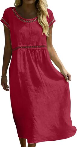 Boho Dresses for Women Summer Casual Pleated Crewneck Eyelet Trendy Short Sleeves Midi Beach Vacation Sundresses in Saudi Arabia