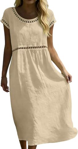 Boho Dresses for Women Summer Casual Pleated Crewneck Eyelet Trendy Short Sleeves Midi Beach Vacation Sundresses in Saudi Arabia
