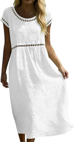 Boho Dresses for Women Summer Casual Pleated Crewneck Eyelet Trendy Short Sleeves Midi Beach Vacation Sundresses in Saudi Arabia