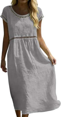 Boho Dresses for Women Summer Casual Pleated Crewneck Eyelet Trendy Short Sleeves Midi Beach Vacation Sundresses in Saudi Arabia