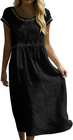 Boho Dresses for Women Summer Casual Pleated Crewneck Eyelet Trendy Short Sleeves Midi Beach Vacation Sundresses in Saudi Arabia