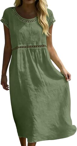 Boho Dresses for Women Summer Casual Pleated Crewneck Eyelet Trendy Short Sleeves Midi Beach Vacation Sundresses in Saudi Arabia