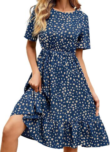 Casual Summer Dresses for Women Short Sleeve Smocked Tiered Flowy Sundress Floral Printed Crewneck Vacation Outfits in Saudi Arabia