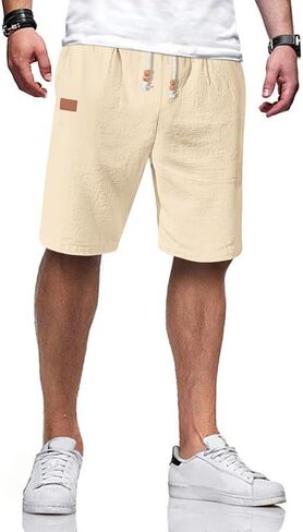 Men's Cotton Linen Shorts 9 inch Drawstring Casual Elastic Waist Summer Beach Vacation with Pockets in Saudi Arabia