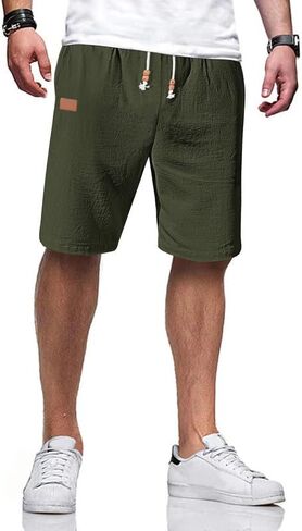 Men's Cotton Linen Shorts 9 inch Drawstring Casual Elastic Waist Summer Beach Vacation with Pockets in Kuwait