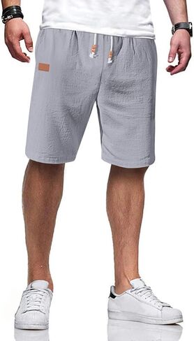 Men's Cotton Linen Shorts 9 inch Drawstring Casual Elastic Waist Summer Beach Vacation with Pockets in Kuwait