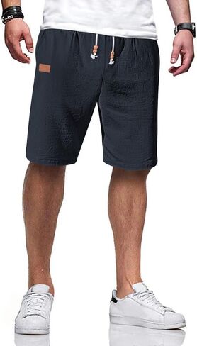 Men's Cotton Linen Shorts 9 inch Drawstring Casual Elastic Waist Summer Beach Vacation with Pockets in Kuwait
