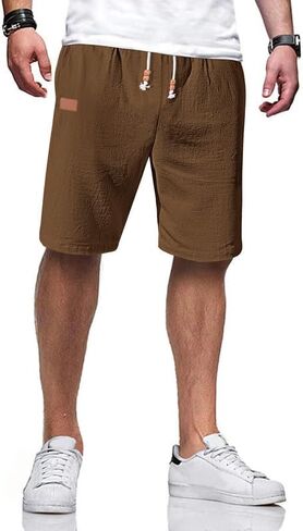 Men's Cotton Linen Shorts 9 inch Drawstring Casual Elastic Waist Summer Beach Vacation with Pockets in Kuwait
