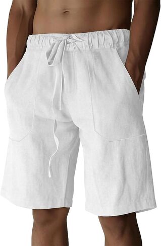 BUXKR Mens Cotton Linen Shorts Casual Elastic Waist Drawstring Summer Vacation Yoga Beach Shorts with Pockets in Saudi Arabia