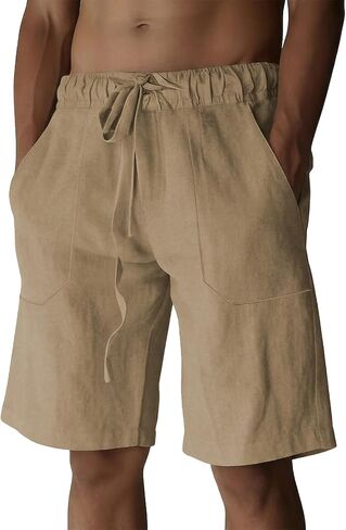 BUXKR Mens Cotton Linen Shorts Casual Elastic Waist Drawstring Summer Vacation Yoga Beach Shorts with Pockets in Saudi Arabia