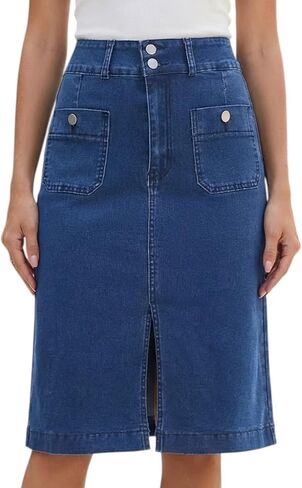 Womens Denim Skirt High Waisted Front Pockets Stretchy Below Knee Length Jean Skirts in Kuwait