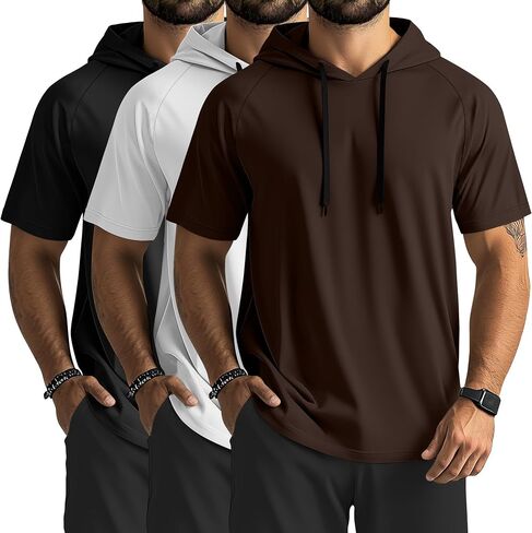 Ficerd 3 Pack Men's Short Sleeve Hoodie Workout Shirts Comfy Running Active Athletic Pullover Sweatshirt in Kuwait